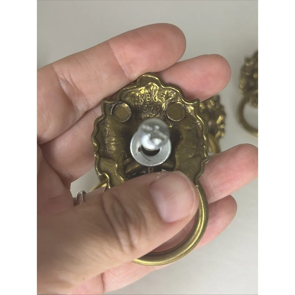 Set of 6 Solid Brass Lion Head Drawer Pulls Ring Handles Cabinet Hardware VNTG